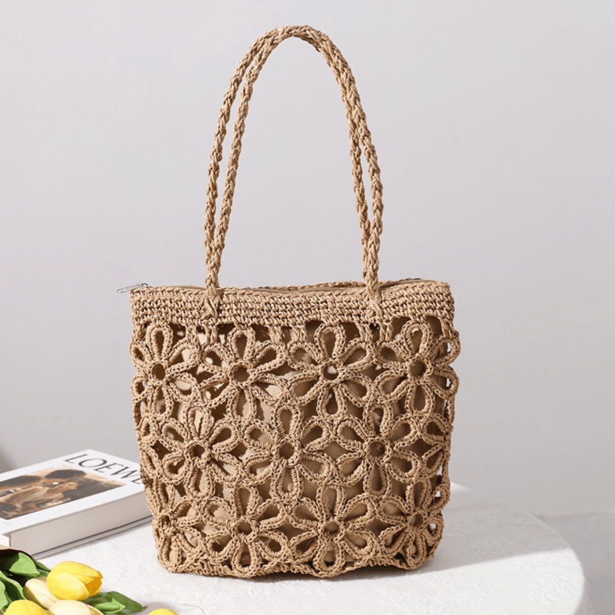 Flower Straw Beach Bag