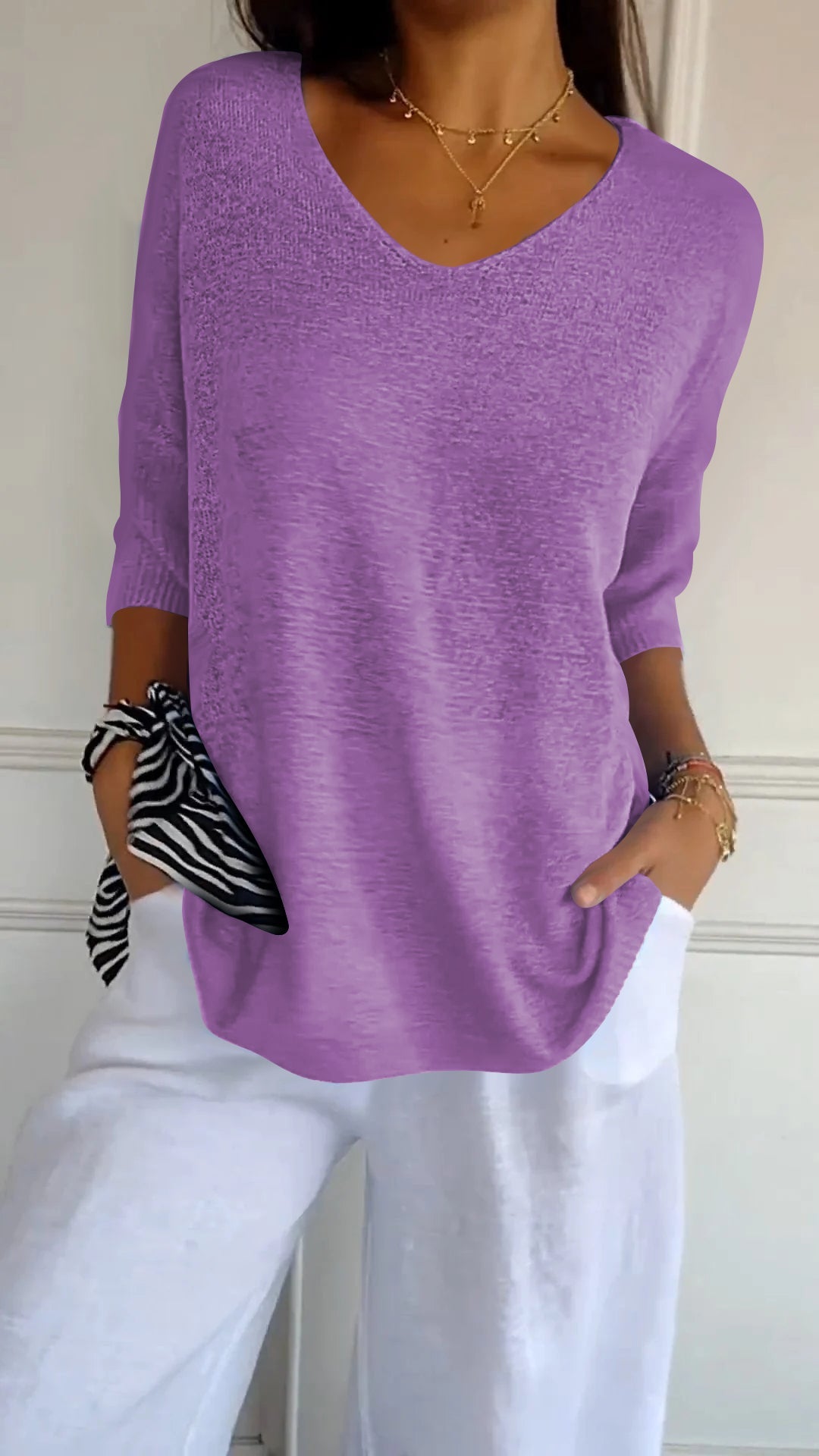 "AuraLuxe V-Neck Knit Top"