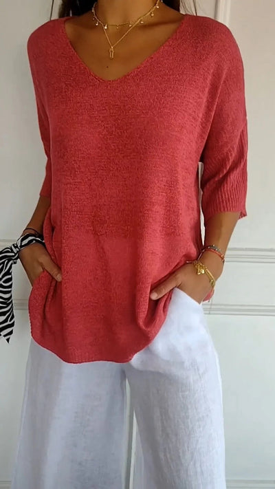 "AuraLuxe V-Neck Knit Top"