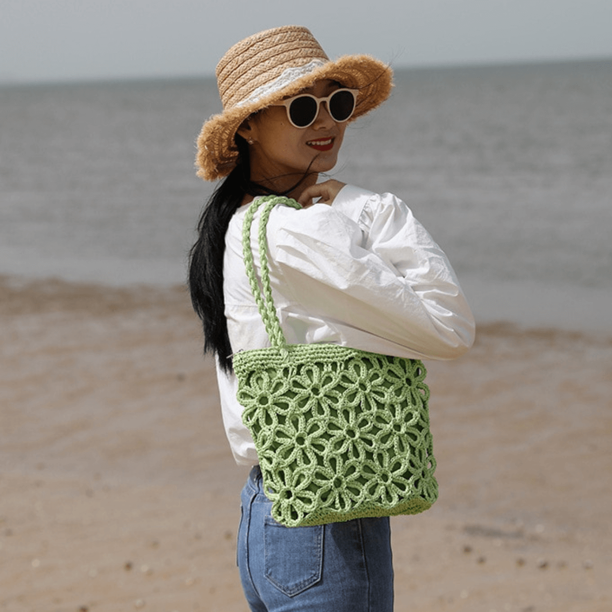 Flower Straw Beach Bag